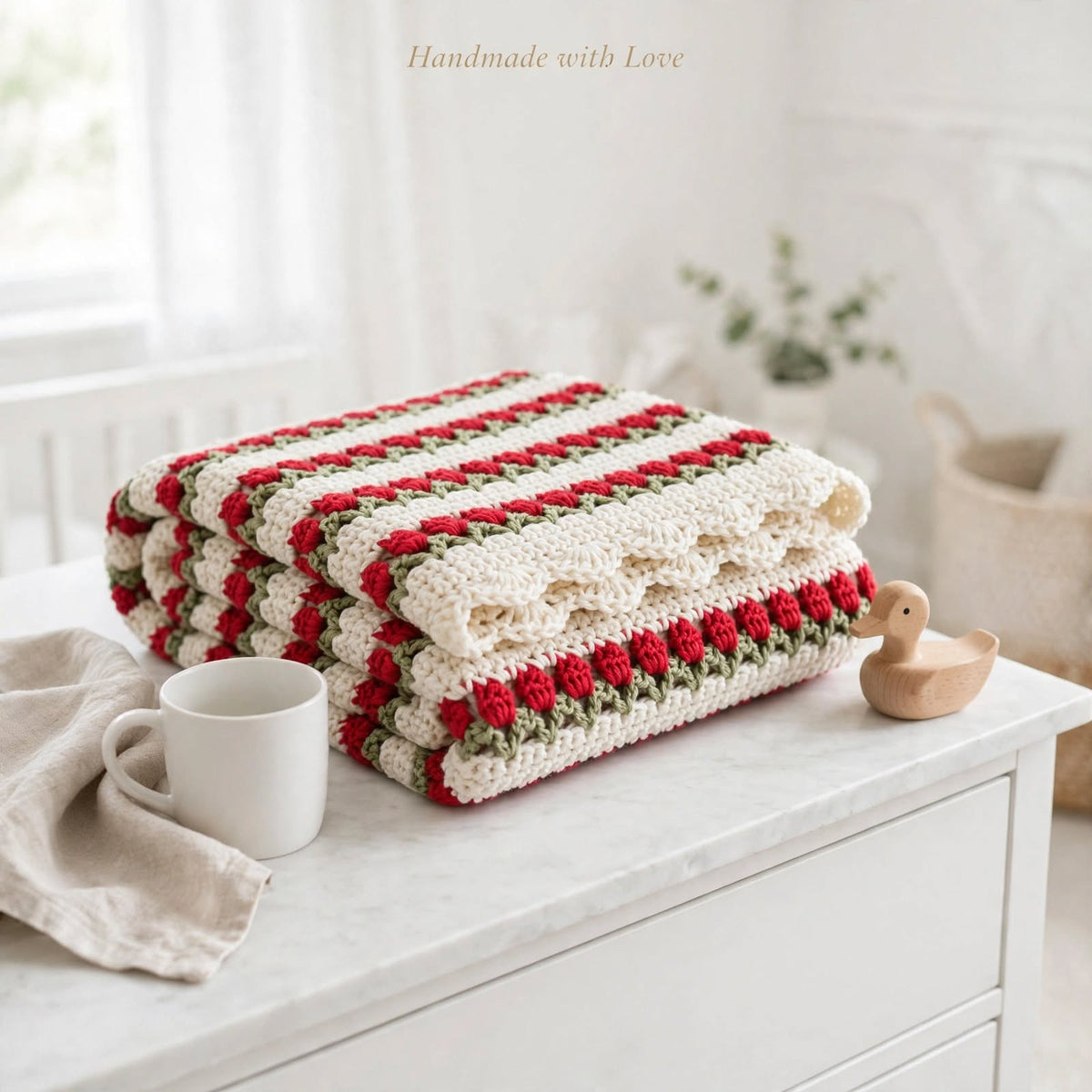 Handmade Crochet Baby Blanket – Cream & Rose Petal Design with Green Details
