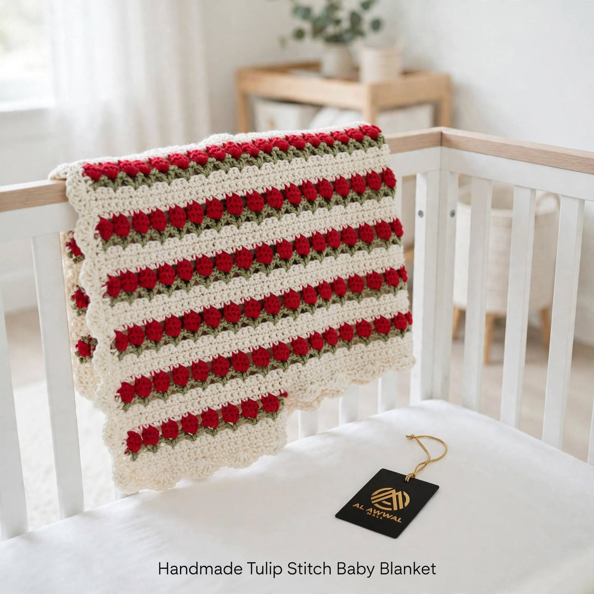 Handmade Crochet Baby Blanket – Cream & Rose Petal Design with Green Details