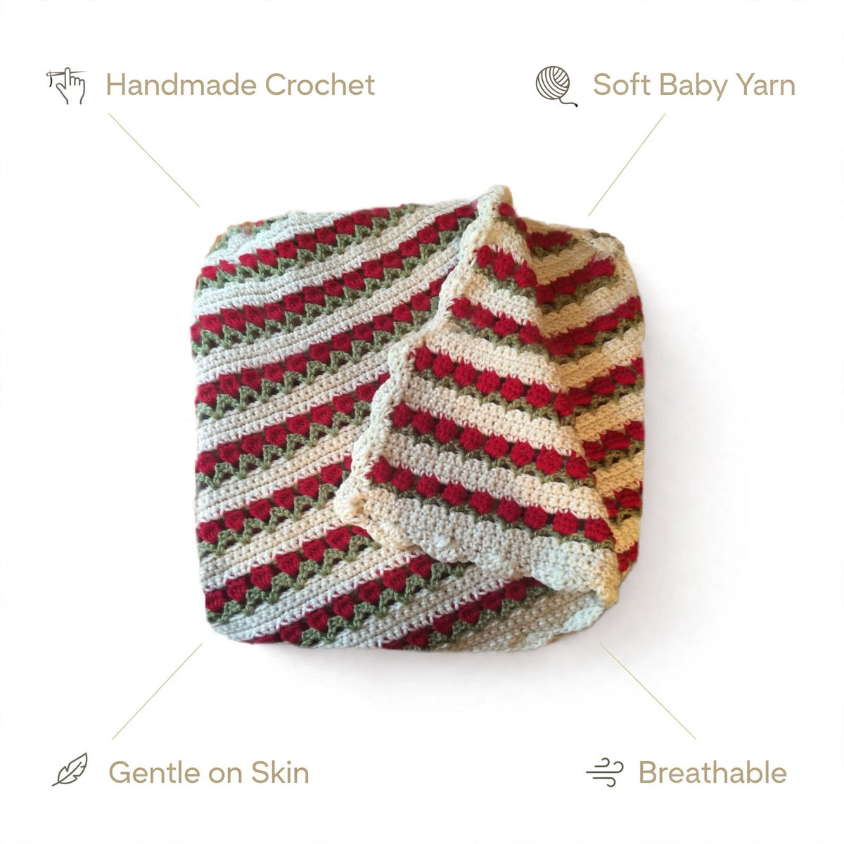 Handmade Crochet Baby Blanket – Cream & Rose Petal Design with Green Details