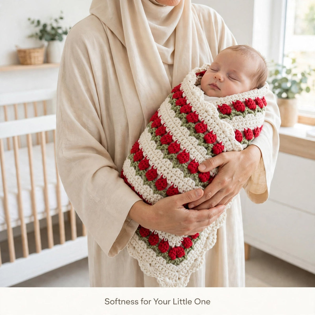 Handmade Crochet Baby Blanket – Cream & Rose Petal Design with Green Details
