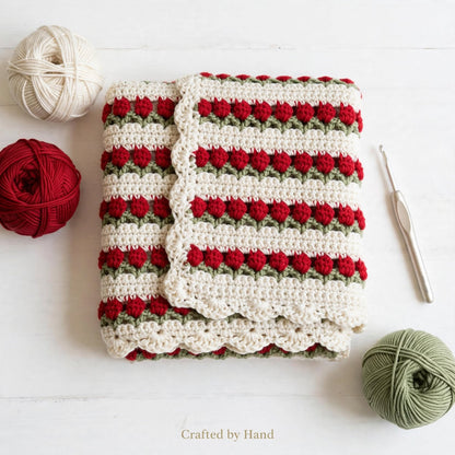 Handmade Crochet Baby Blanket – Cream & Rose Petal Design with Green Details