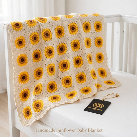 Handmade Crochet Baby Blanket – Cream & Yellow Sunflower Floral Design