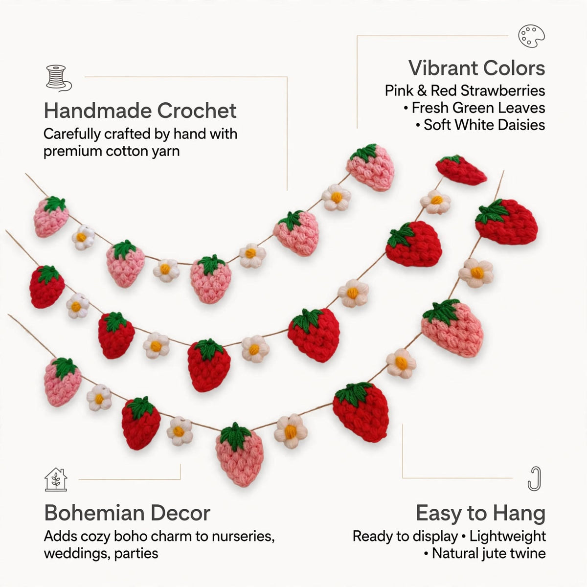 Handmade Crochet Strawberry Garland – Cute Birthday Party Decoration