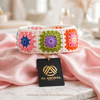 Handmade Crochet White Hair Band – Colorful Square Block Pattern & White Pearls