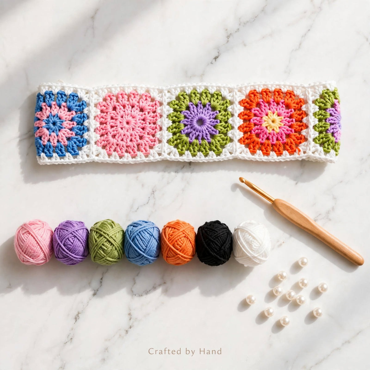 Handmade Crochet White Hair Band – Colorful Square Block Pattern & White Pearls