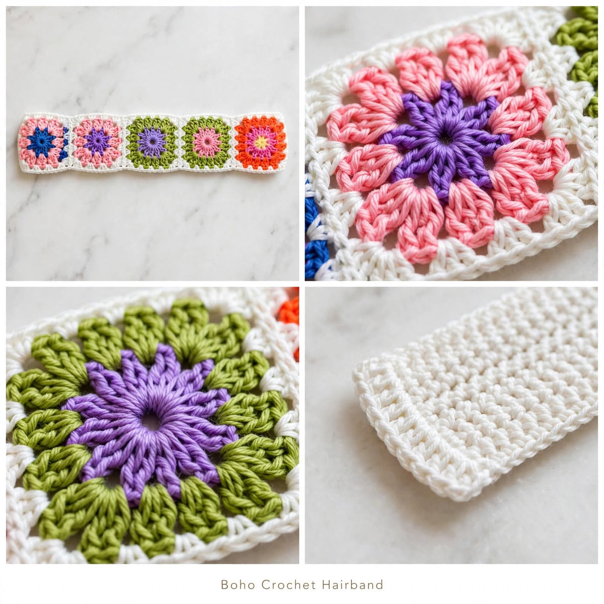 Handmade Crochet White Hair Band – Colorful Square Block Pattern & White Pearls