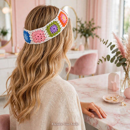 Handmade Crochet White Hair Band – Colorful Square Block Pattern & White Pearls