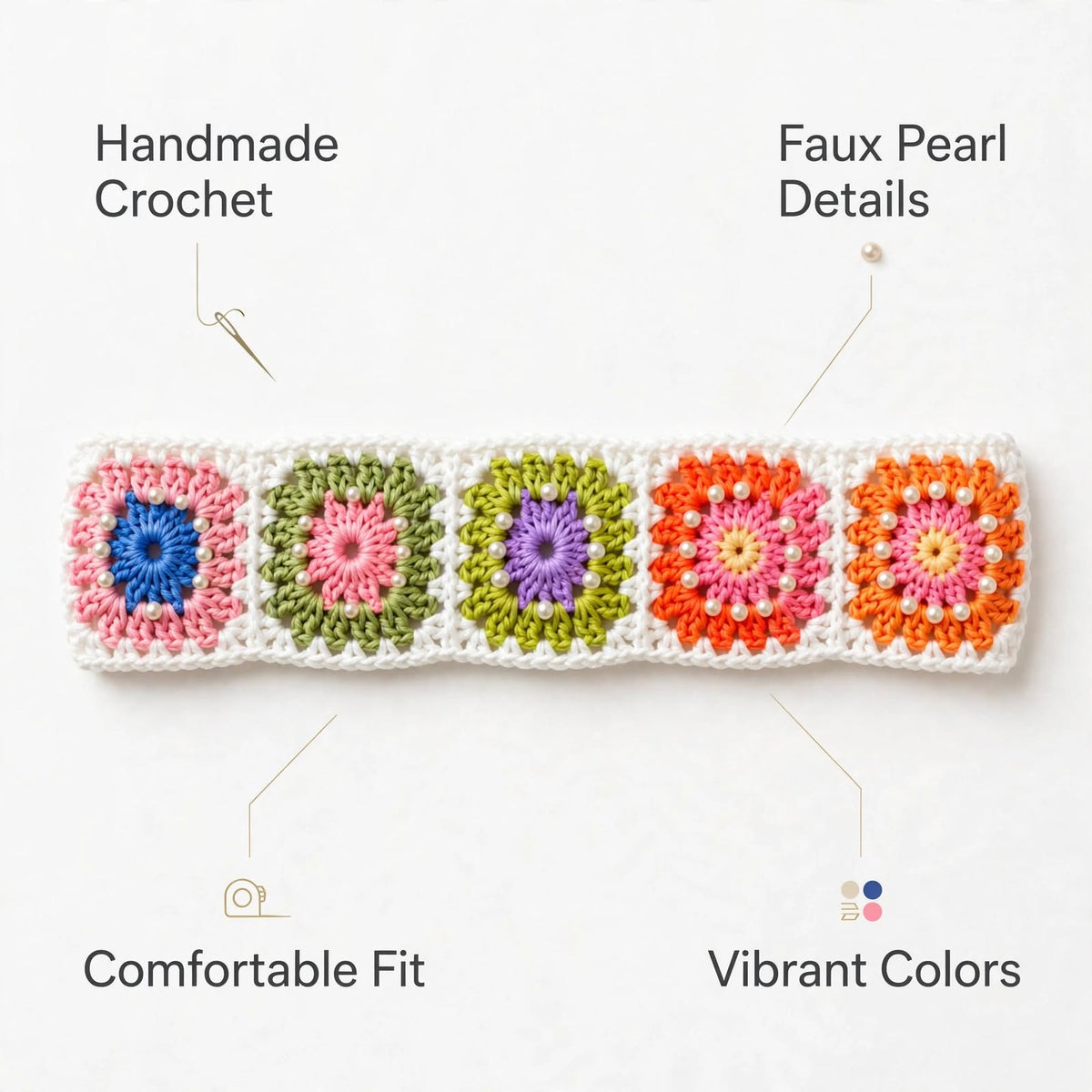 Handmade Crochet White Hair Band – Colorful Square Block Pattern & White Pearls