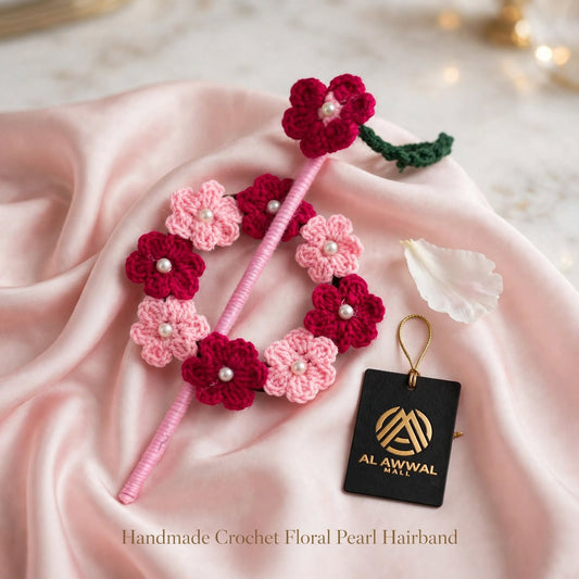 Handmade Crochet Double Flower Bun Stick Pin – Baby Pink, Red & Green Leaf Design