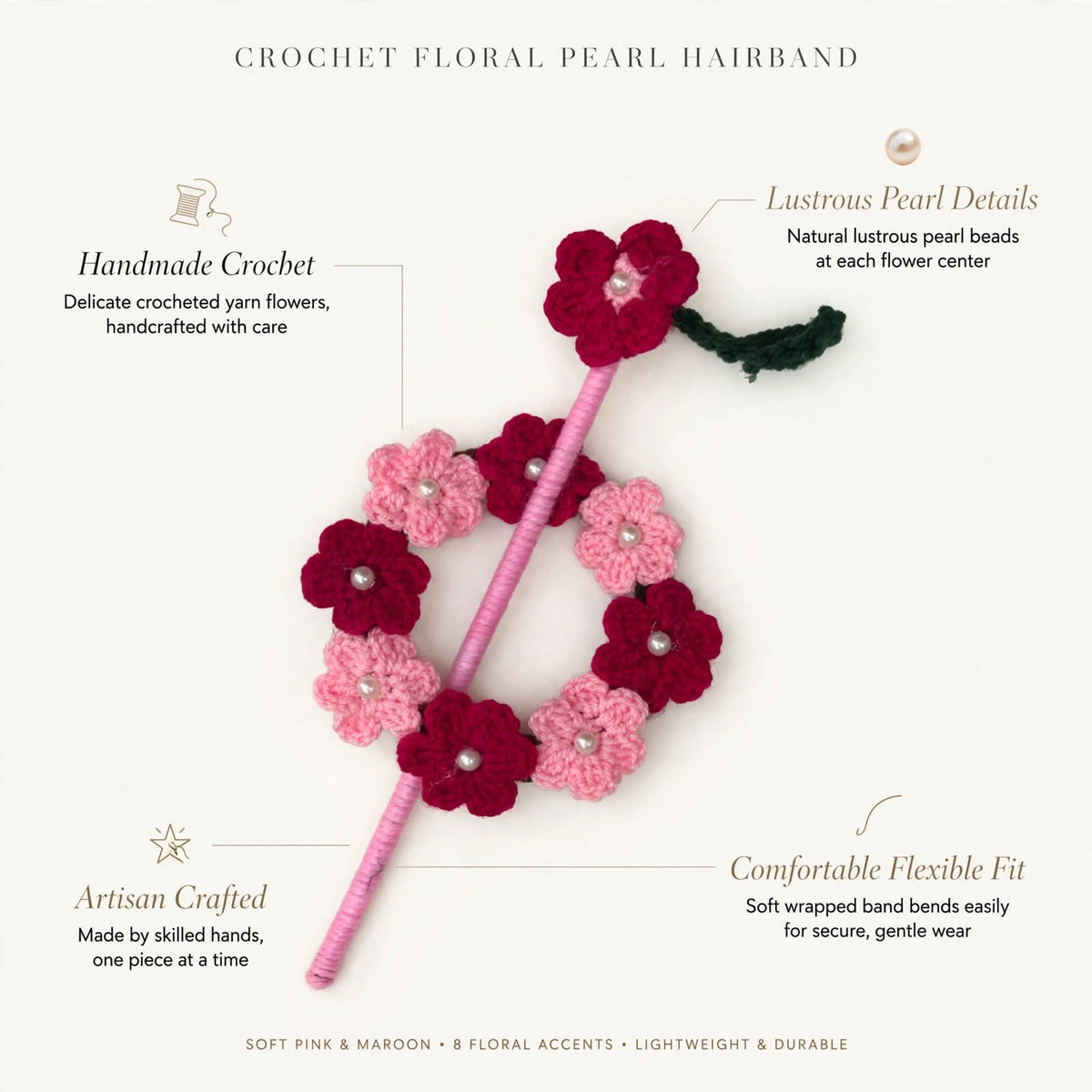 Handmade Crochet Double Flower Bun Stick Pin – Baby Pink, Red & Green Leaf Design