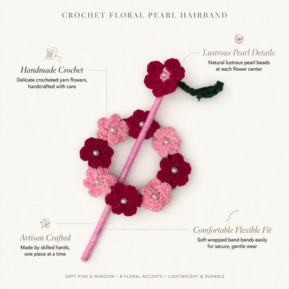 Handmade Crochet Double Flower Bun Stick Pin – Baby Pink, Red & Green Leaf Design