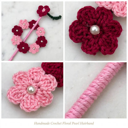 Handmade Crochet Double Flower Bun Stick Pin – Baby Pink, Red & Green Leaf Design