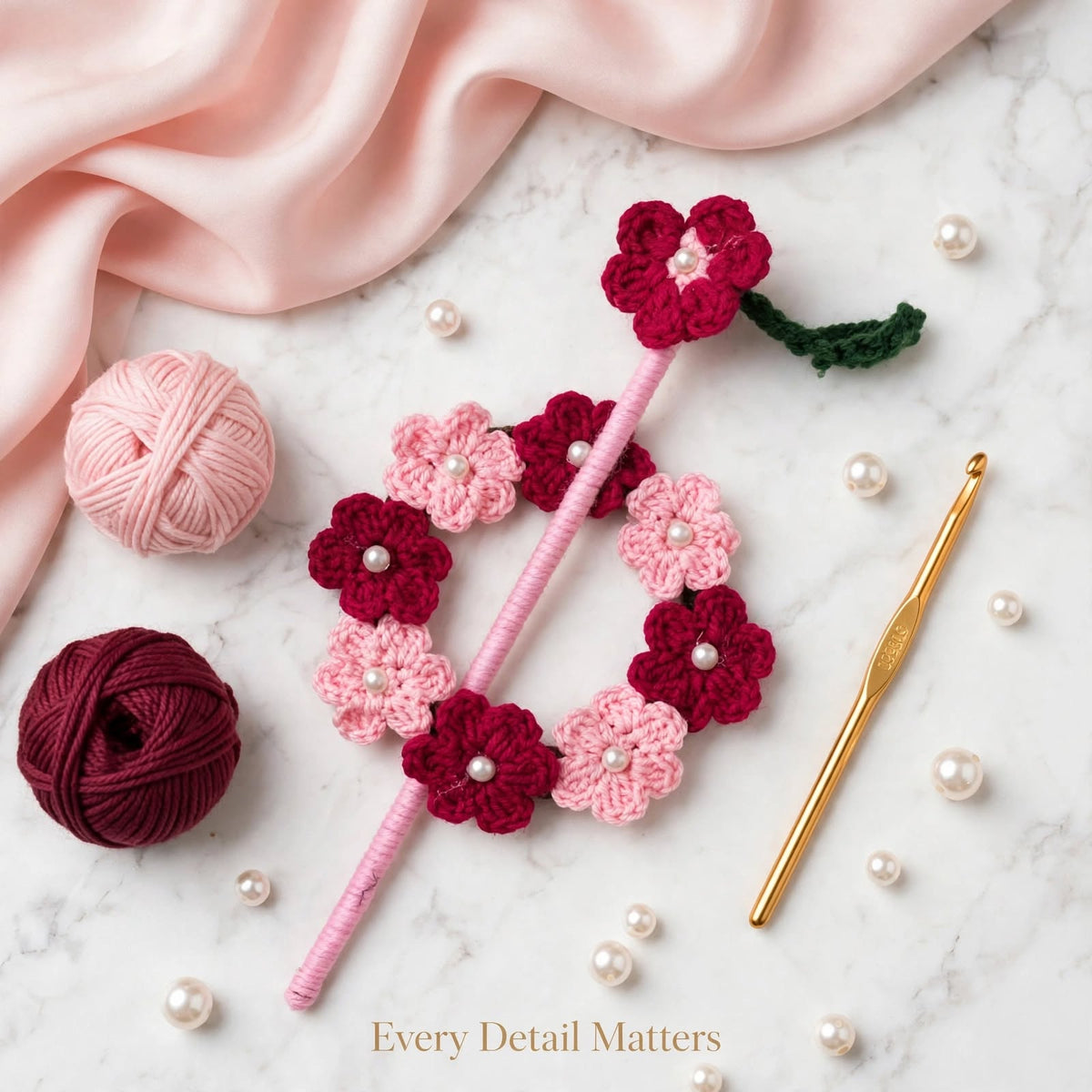 Handmade Crochet Double Flower Bun Stick Pin – Baby Pink, Red & Green Leaf Design