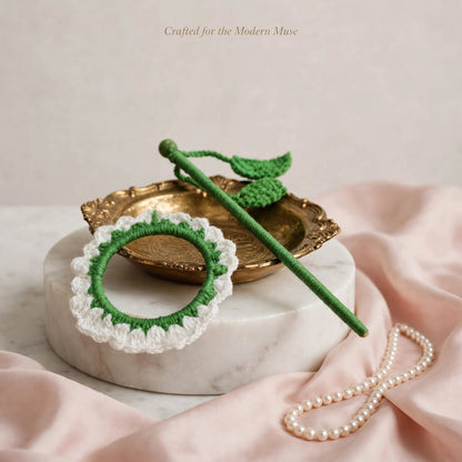 Handmade Crochet White & Green Bun Stick Pin – Floral Ring & Leaf Details
