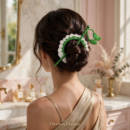 Handmade Crochet White & Green Bun Stick Pin – Floral Ring & Leaf Details