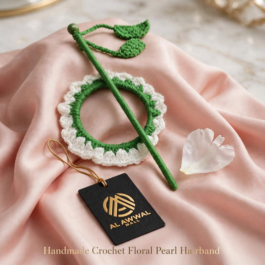 Handmade Crochet White & Green Bun Stick Pin – Floral Ring & Leaf Details
