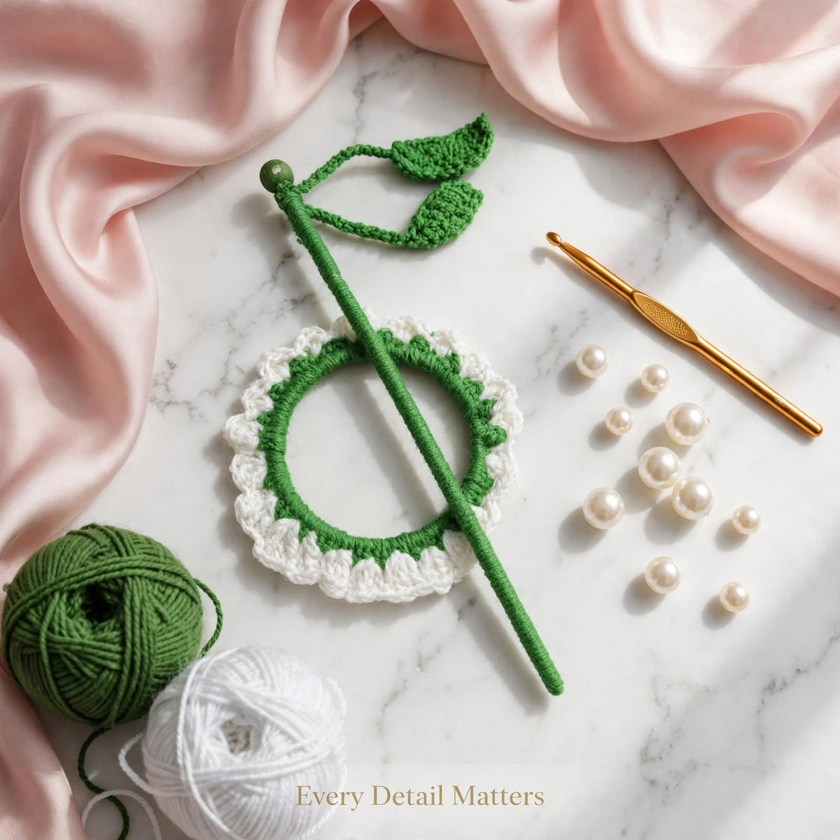 Handmade Crochet White & Green Bun Stick Pin – Floral Ring & Leaf Details