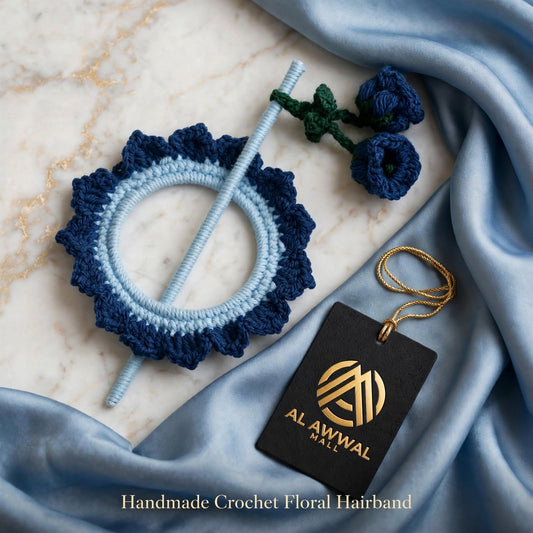 Handmade Crochet Vine Flower Bun Stick Pin – Wine Blue & Ocean Grey Design