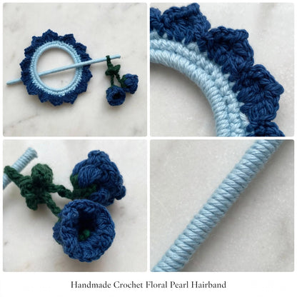 Handmade Crochet Vine Flower Bun Stick Pin – Wine Blue & Ocean Grey Design