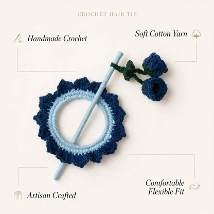 Handmade Crochet Vine Flower Bun Stick Pin – Wine Blue & Ocean Grey Design