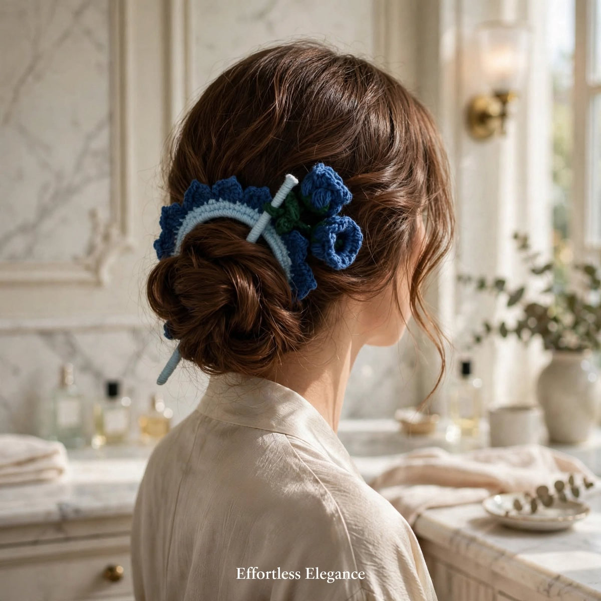 Handmade Crochet Vine Flower Bun Stick Pin – Wine Blue & Ocean Grey Design
