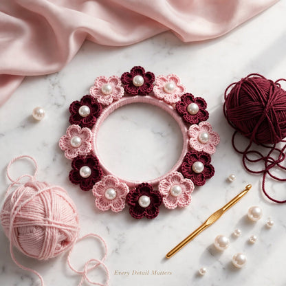 Handmade Crochet Baby Pink Hair Band – Maroon & Pink Floral Pattern with White Pearls