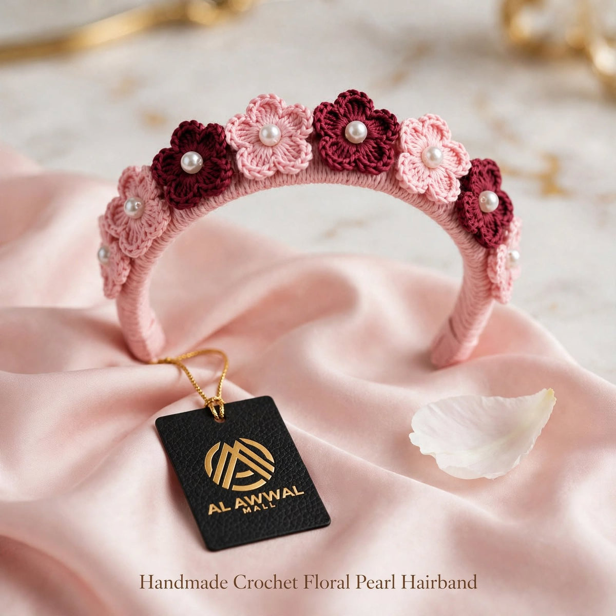 Handmade Crochet Baby Pink Hair Band – Maroon & Pink Floral Pattern with White Pearls