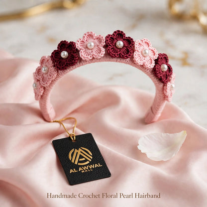 Handmade Crochet Baby Pink Hair Band – Maroon & Pink Floral Pattern with White Pearls