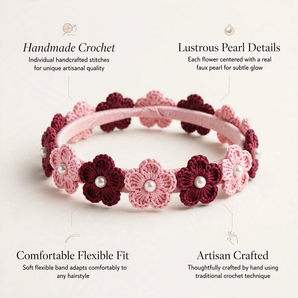 Handmade Crochet Baby Pink Hair Band – Maroon & Pink Floral Pattern with White Pearls