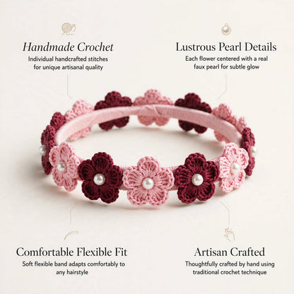Handmade Crochet Baby Pink Hair Band – Maroon & Pink Floral Pattern with White Pearls