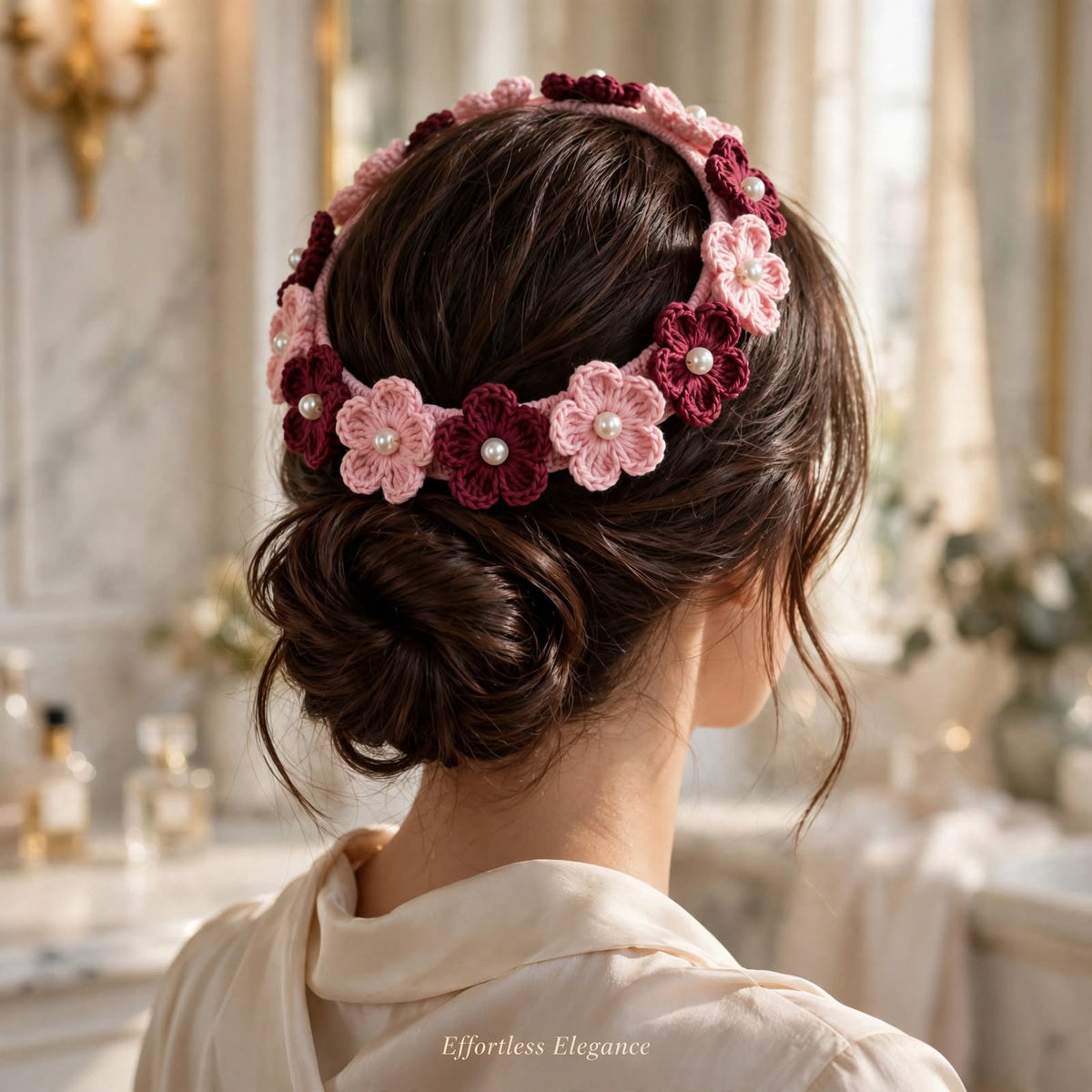 Handmade Crochet Baby Pink Hair Band – Maroon & Pink Floral Pattern with White Pearls