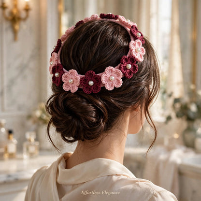 Handmade Crochet Baby Pink Hair Band – Maroon & Pink Floral Pattern with White Pearls