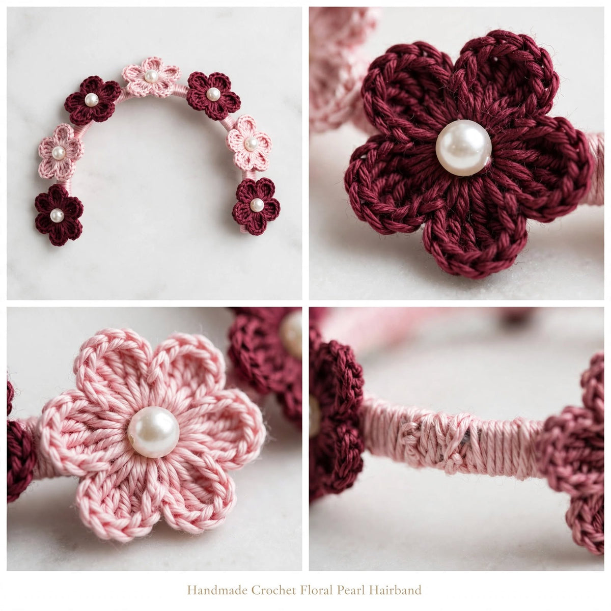 Handmade Crochet Baby Pink Hair Band – Maroon & Pink Floral Pattern with White Pearls