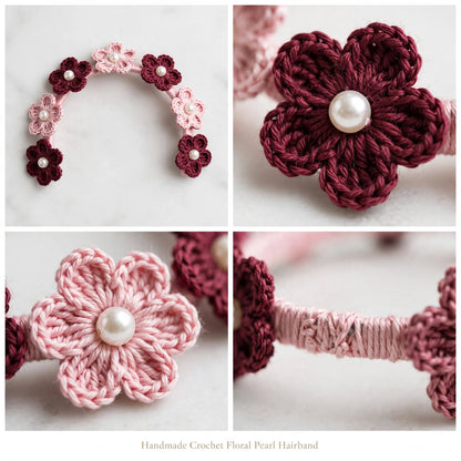 Handmade Crochet Baby Pink Hair Band – Maroon & Pink Floral Pattern with White Pearls