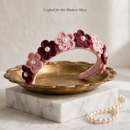 Handmade Crochet Baby Pink Hair Band – Maroon & Pink Floral Pattern with White Pearls