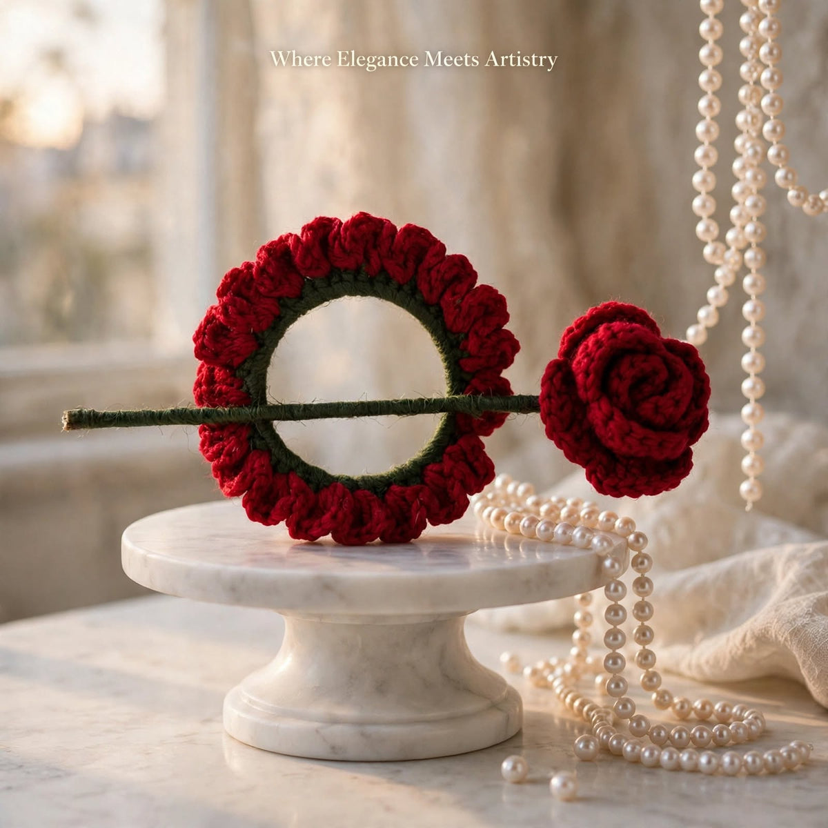 Handmade Crochet Red Rose Petal Bun Stick Pin – Dark Green Ring & Stick