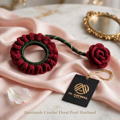 Handmade Crochet Red Rose Petal Bun Stick Pin – Dark Green Ring & Stick