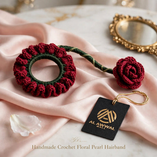 Handmade Crochet Red Rose Petal Bun Stick Pin – Dark Green Ring & Stick