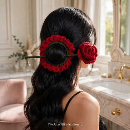 Handmade Crochet Red Rose Petal Bun Stick Pin – Dark Green Ring & Stick