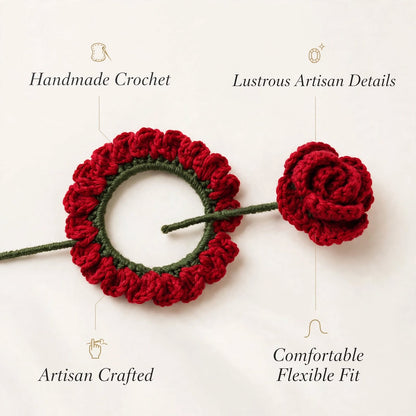 Handmade Crochet Red Rose Petal Bun Stick Pin – Dark Green Ring & Stick