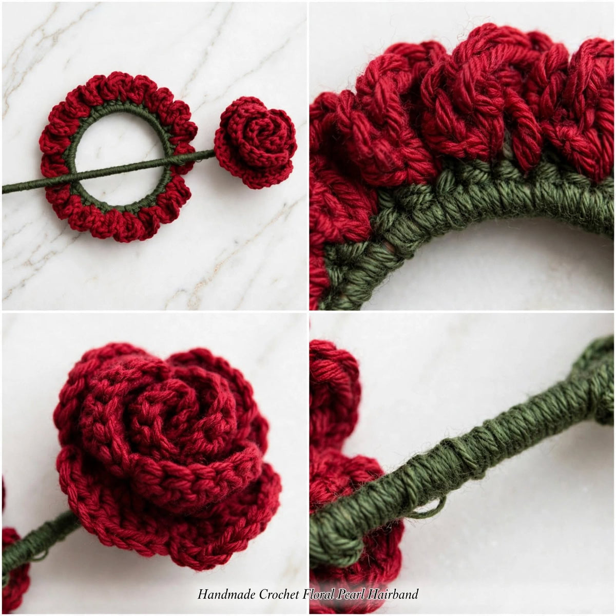 Handmade Crochet Red Rose Petal Bun Stick Pin – Dark Green Ring & Stick