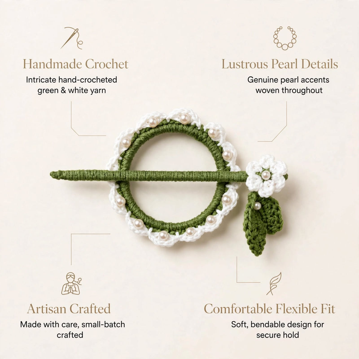 Handmade Crochet White Flower Bun Stick Pin – Green Ring & Leaf Details