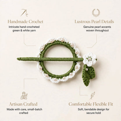 Handmade Crochet White Flower Bun Stick Pin – Green Ring & Leaf Details