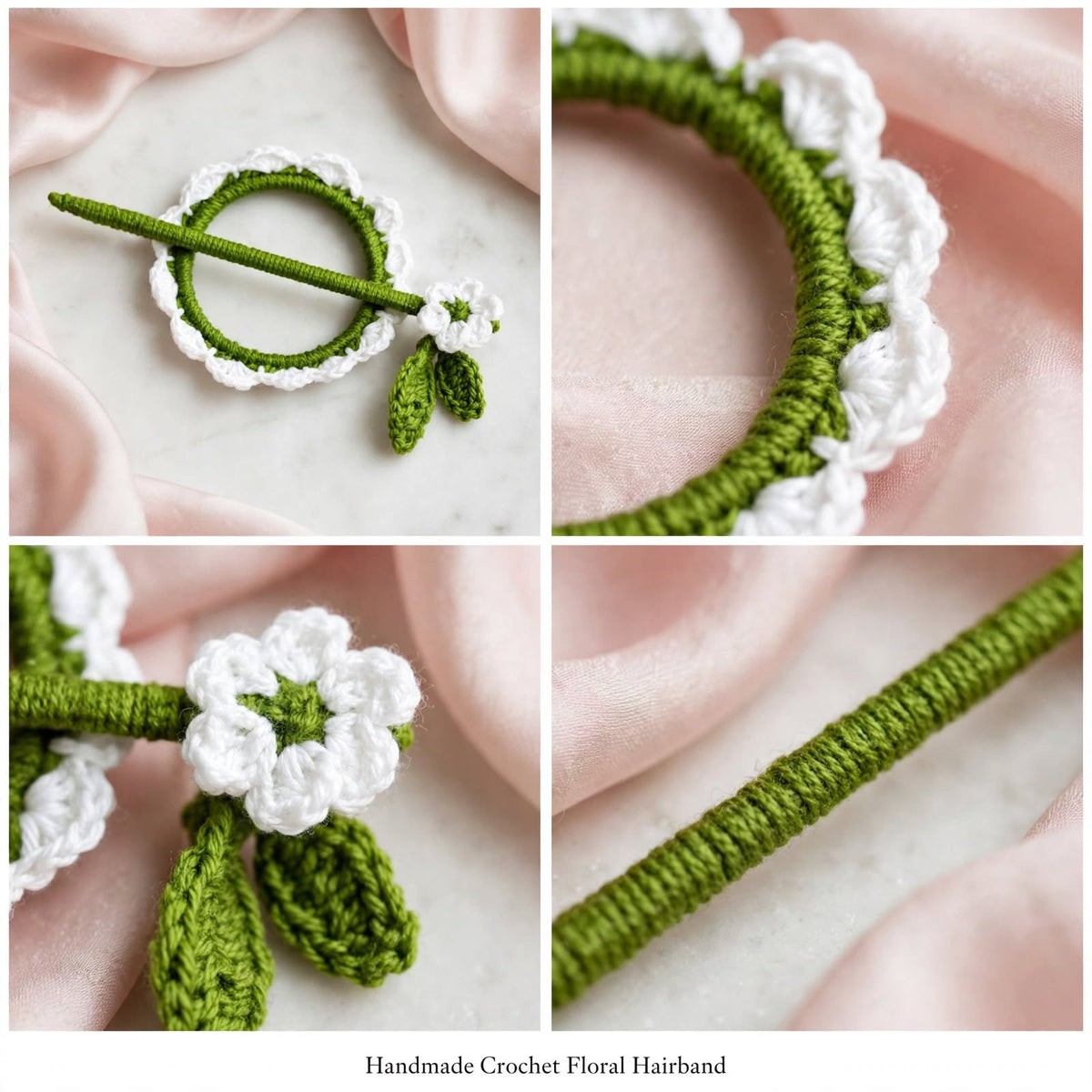Handmade Crochet White Flower Bun Stick Pin – Green Ring & Leaf Details