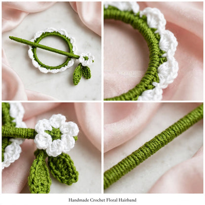 Handmade Crochet White Flower Bun Stick Pin – Green Ring & Leaf Details