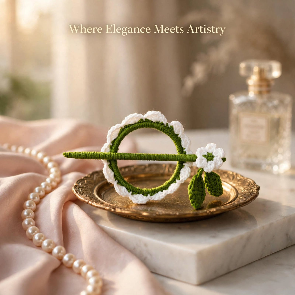 Handmade Crochet White Flower Bun Stick Pin – Green Ring & Leaf Details