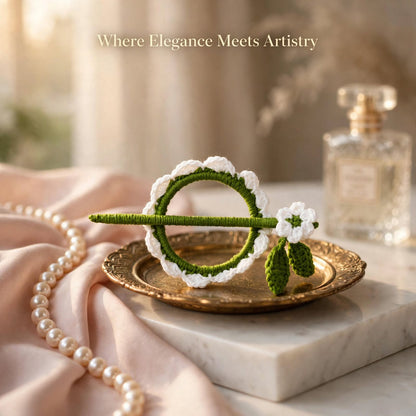 Handmade Crochet White Flower Bun Stick Pin – Green Ring & Leaf Details