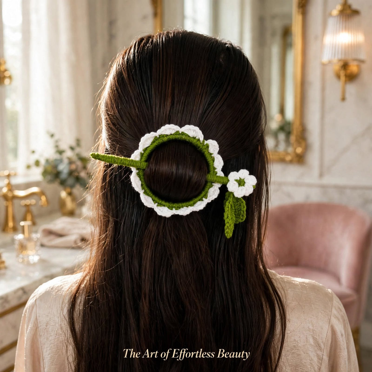 Handmade Crochet White Flower Bun Stick Pin – Green Ring & Leaf Details