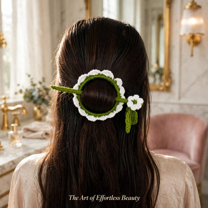 Handmade Crochet White Flower Bun Stick Pin – Green Ring & Leaf Details