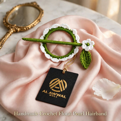 Handmade Crochet White Flower Bun Stick Pin – Green Ring & Leaf Details